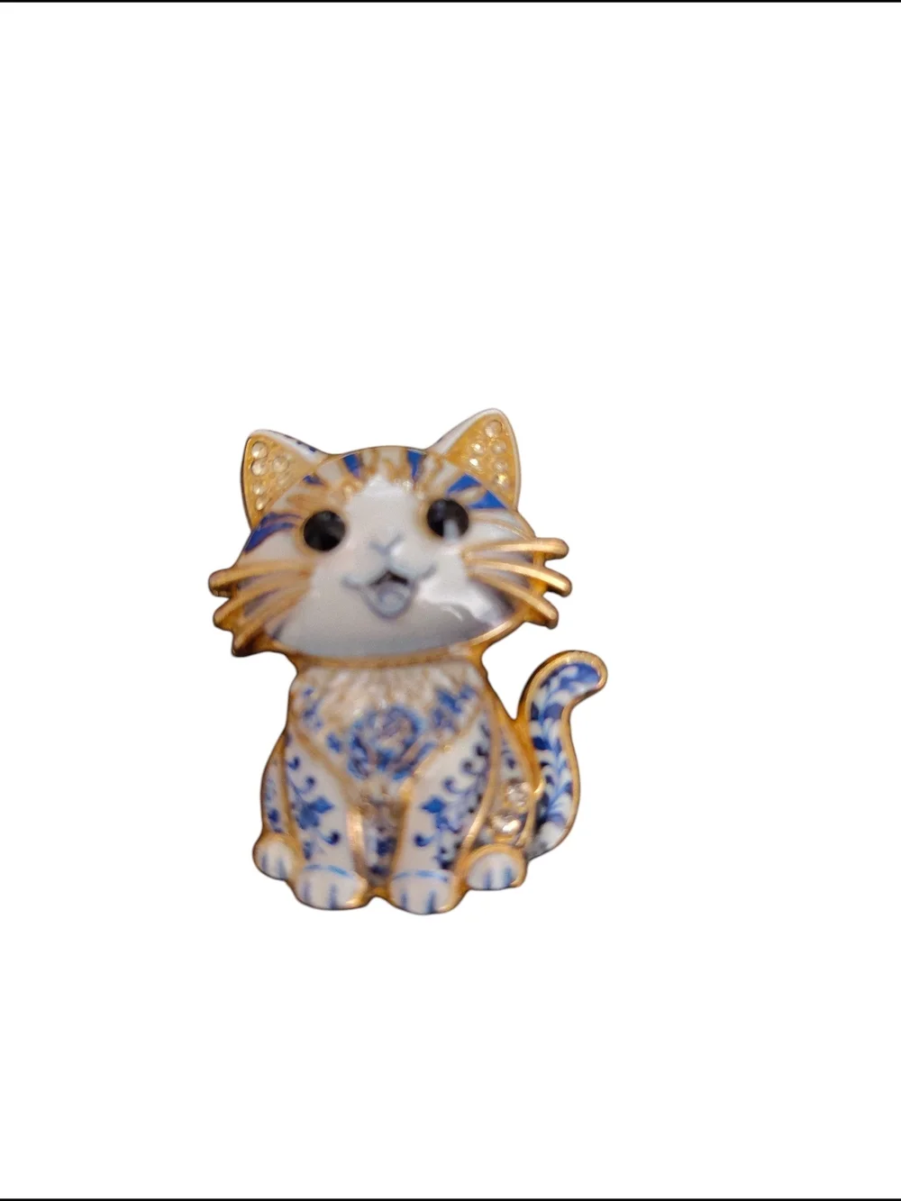 Gold-Trim Blue and White Cat Brooch - Charming Floral Design New